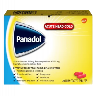 PANADOL ACUTE HEAD COLD ( ACETAMINOPHEN + PSEUDOEPHEDRINE HCL + BROMPHENIRAMINE MALEATE ) 20 FILM-COATED TABLETS